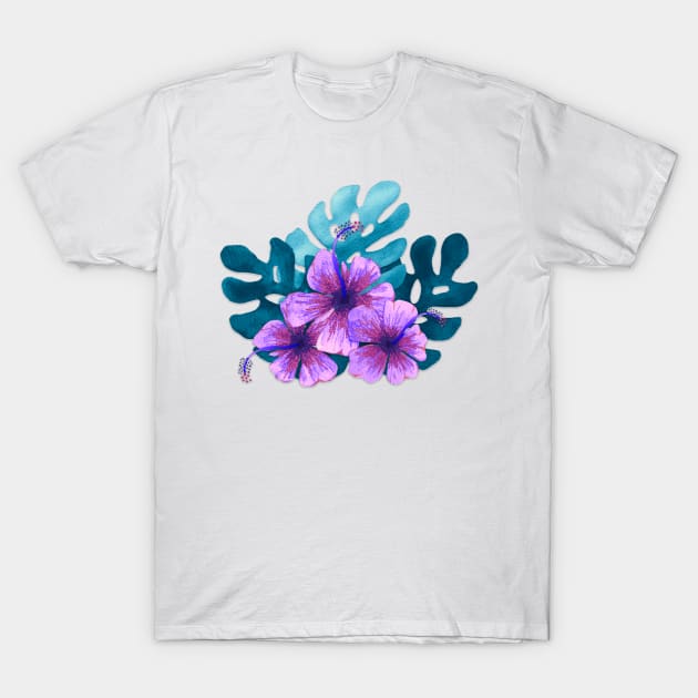 Tropical purple hibiscus flowers T-Shirt by ArtLovePassion